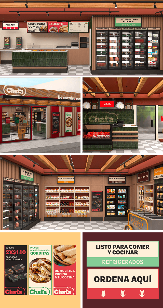 Renders of the new space populated with brand expressions like screens, signaling, brand messages and decoration