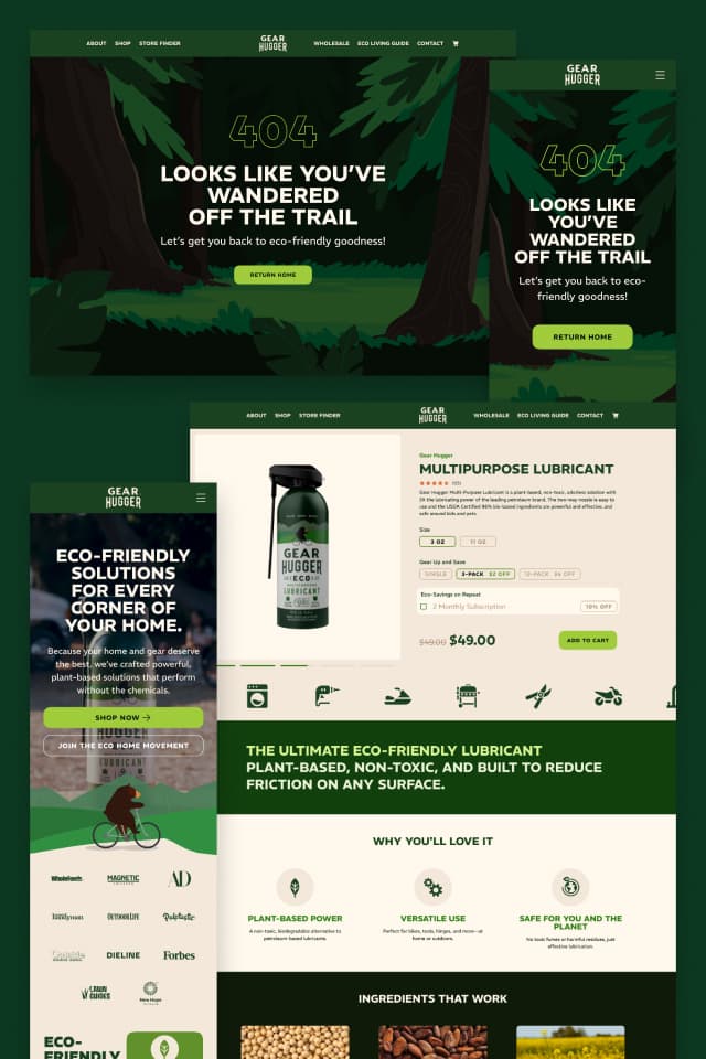 An overview of different pages like 404, hero sections and product page